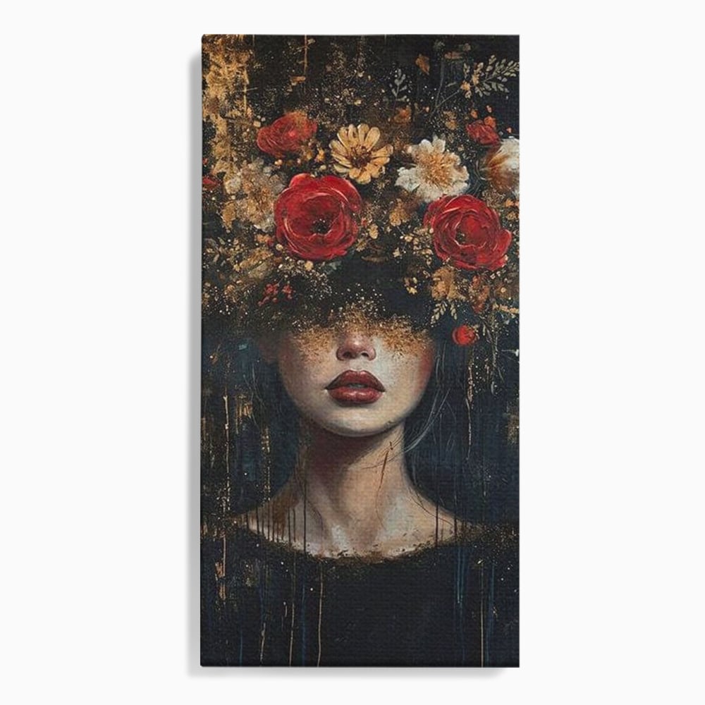 Tablou canvas cu tablou canvas cu portret de femeie si trandafiri rosii, fara rama, pe sasiu de lemn